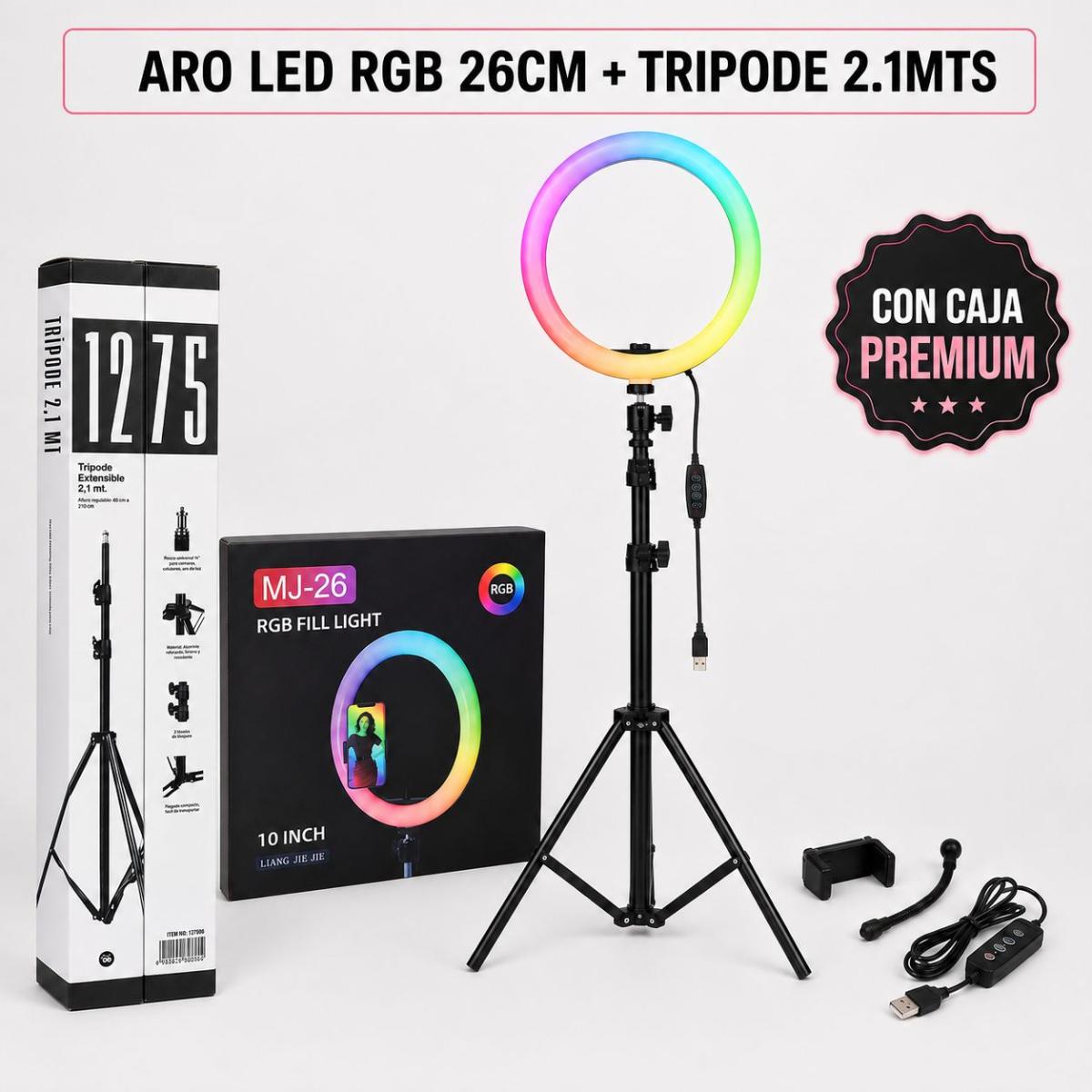 Aro de Luz LED RGB 26cm con Trípode 2.1m