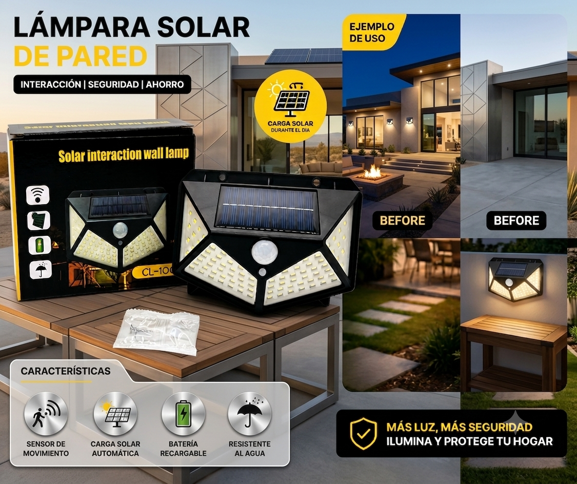 Lámpara Solar de Pared 100 LED con Sensor de Movimiento CL-100