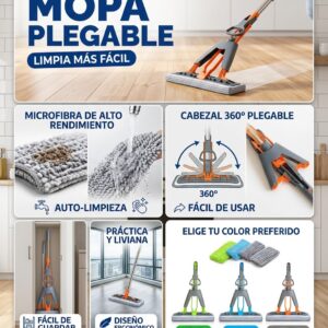 Mopa Plegable Autoescurrible con Paño de Microfibra y Mango Inoxidable
