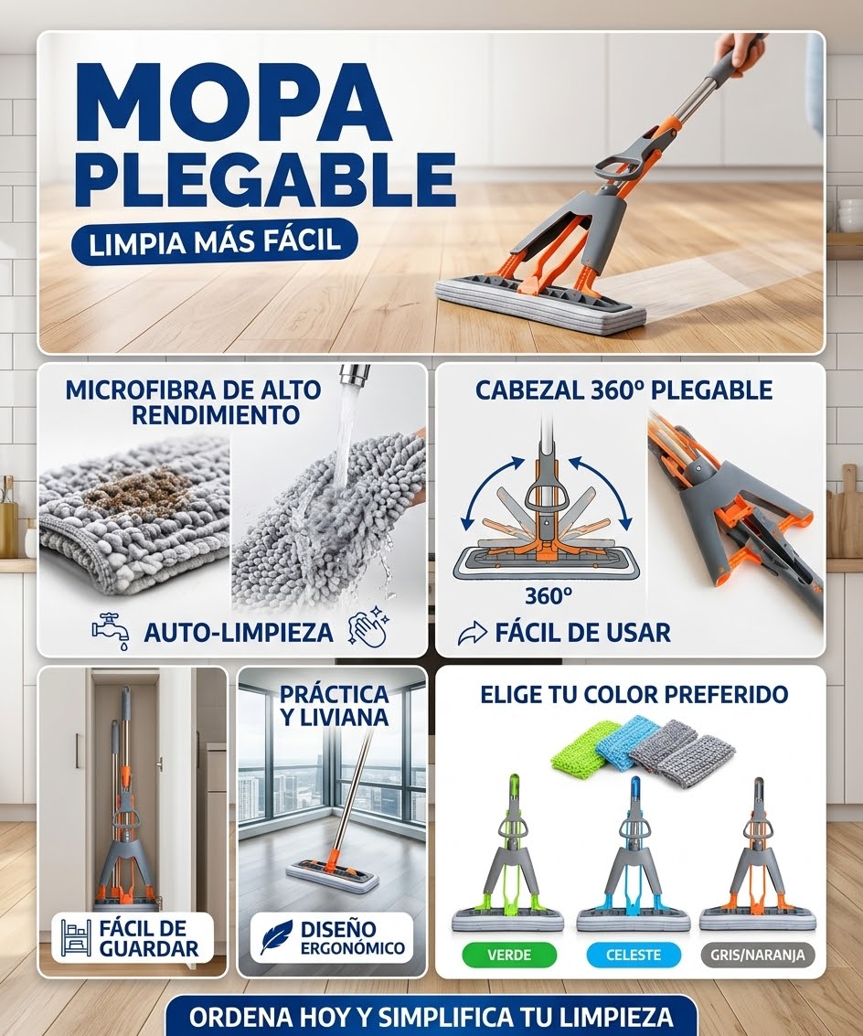 Mopa Plegable Autoescurrible con Paño de Microfibra y Mango Inoxidable