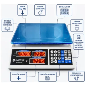 Balanza Digital Comercial 40 kg - Precisión 2g con Batería Recargable y Triple Visor