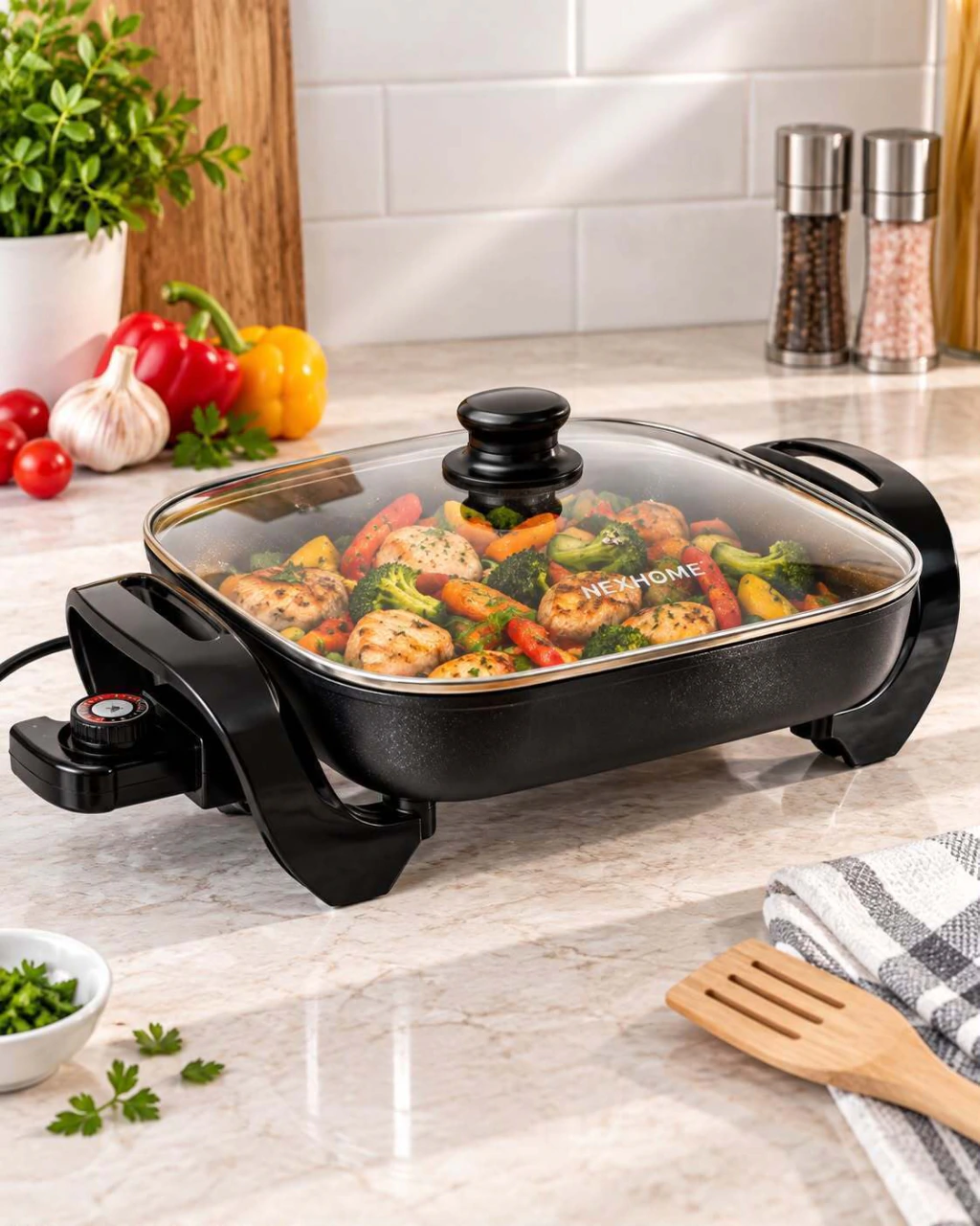 Sartén Olla Eléctrica Antiadherente 4.2L 1360W Con Tapa Vidrio